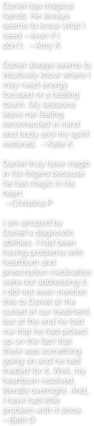 Daniel has magical hands. He always seems to know what I need – even if I don’t.  --Amy K
  Daniel always seems to intuitively know where I may need energy focused or a healing touch. My sessions leave me feeling reconnected in mind and body and my spirit restored.  --Kate K

Daniel truly have magic in his fingers because he has magic in his heart. 
 --Christina P 

I am amazed by Daniel's diagnostic abilities. I had been having problems with heartburn and prescription medication were not addressing it. I did not even mention this to Daniel at the outset of our treatment, but at the end he told me that he had picked up on the fact that there was something going on and he had treated for it. Well, my heartburn resolved, literally overnight. And, I have had little problem with it since.  --Beth D

